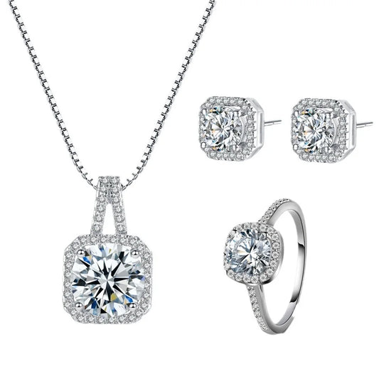 SALE 3pcs Set Necklaces Earrings Stud Ring CZ Stone Jewelry Set Silver Color Classic Women Evening Party Wedding Bridal Jewelry Set
