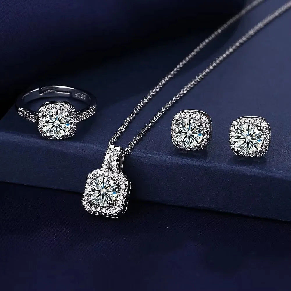 SALE 3pcs Set Necklaces Earrings Stud Ring CZ Stone Jewelry Set Silver Color Classic Women Evening Party Wedding Bridal Jewelry Set
